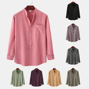 Men's long-sleeve linen shirt with stand collar shown in various stylish color options