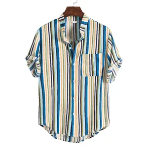 Close-up detail of men's short sleeve stand collar shirt featuring vibrant vertical stripes