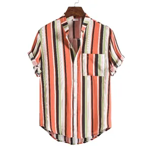 Detail showing vertical striped pattern and chest pocket on men's short sleeve shirt.