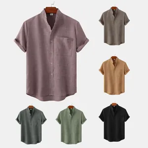 Camisas de hombre de manga corta en algodón y lino con cuello mao en varios colores