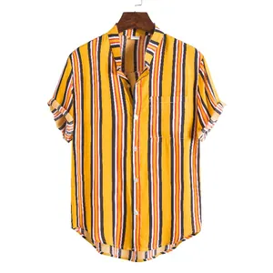 Close-up of yellow vertical striped men's shirt with mandarin collar and chest pocket