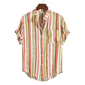 Men's short-sleeve striped shirt with lapel and pocket, colorful Hawaii casual style