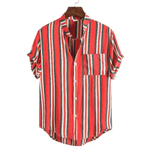 Close-up detail of a men's vertical striped short-sleeve shirt with stand collar and pocket.