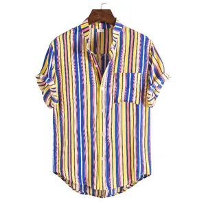 Detail view of multicolored vertical striped short sleeve Hawaiian shirt for men