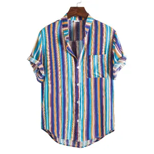 Detail view of vibrant multi-color striped men's summer shirt with mandarin collar