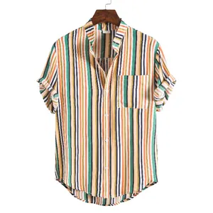 Macro view of men's colorful striped short-sleeve shirt with chest pocket detail