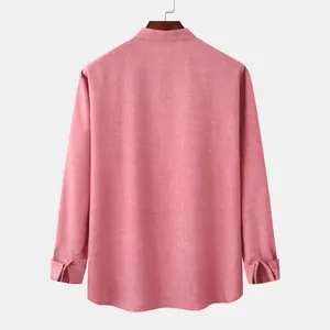 Detailed back view of a pink cotton linen long-sleeved shirt with stand collar