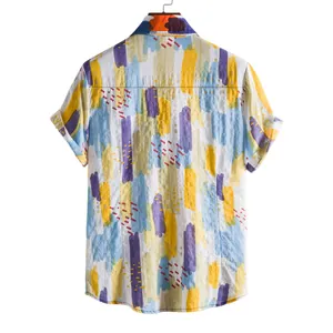 Back view of men's short sleeve casual shirt with colorful abstract paint strokes print