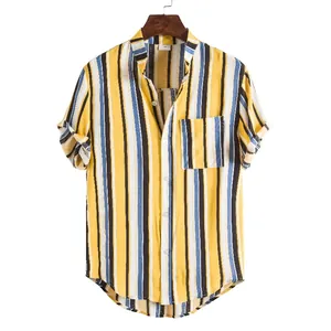 Front view of yellow vertical striped men's shirt with mandarin collar on hanger