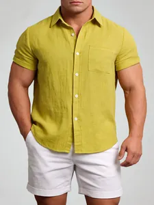 Close-up of men's mustard yellow cotton linen short sleeve button down shirt with pocket
