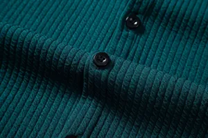 Close-up detail showing the teal ribbed fabric texture and black buttons of a men's shirt