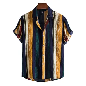 Front view of men's short sleeve Hawaiian shirt with vibrant multi-color vertical stripes
