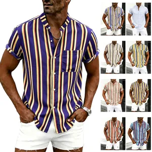 Men Vertical Striped Short Sleeve Shirt Cotton Casual Hawaiian Beach Button Down Shirt With Pocket For Summer Vacation