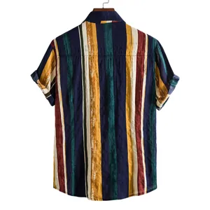 Back view of a men's colorful vertical striped Hawaiian short-sleeved shirt on a hanger