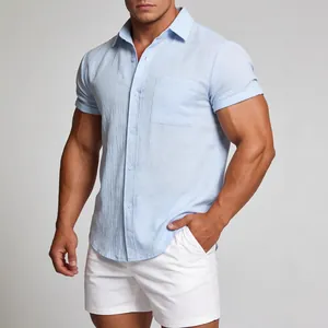 Men's light blue short sleeve linen shirt with chest pocket and slim fit design