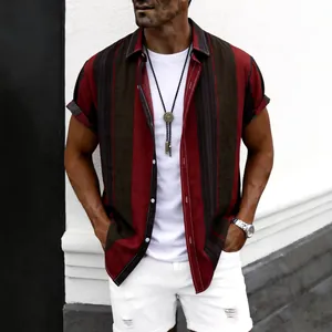 Chemise Décontractée en Coton à Rayures pour Hommes Mode Coupe Slim Revers Boutonné Imprimé Haut d'Été