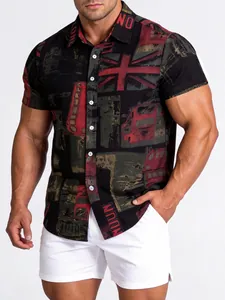 Close-up of men's casual button-down shirt featuring a vintage London print