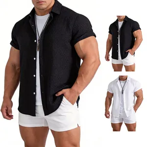 Men Casual Short Sleeve Jacquard Shirt Stand Collar Solid Color Polyester Button Up Top Summer Fashion Clothing