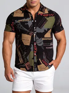 Detailed shot of men's Hawaiian shirt featuring newspaper collage print and casual fit