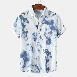 Men's short-sleeved summer shirt with blue abstract ink smoke print and lapel collar design