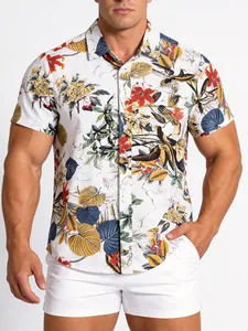 Detailed shot of men's floral Hawaiian shirt featuring vibrant tropical leaf patterns on white