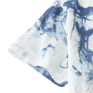 Close-up detail of blue and white ink-wash print on men's short-sleeved shirt sleeve