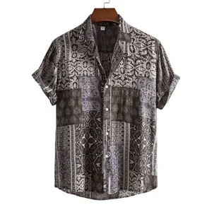 Detailed view of the intricate vintage ethnic patchwork pattern on this men's shirt.