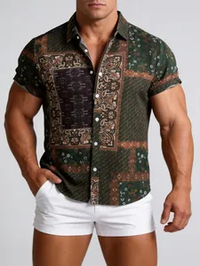 Close-up detail of men's Hawaiian shirt with vintage green and brown paisley pattern.