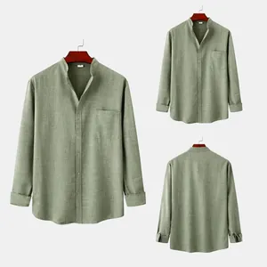 Detailed view of men's olive green cotton linen shirt with mandarin collar and pocket