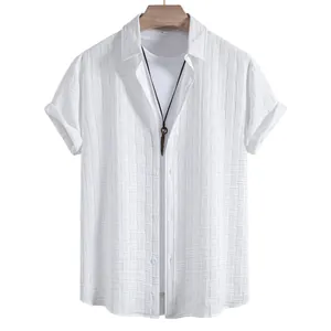 Men's white summer short-sleeve shirt with textured jacquard pattern design