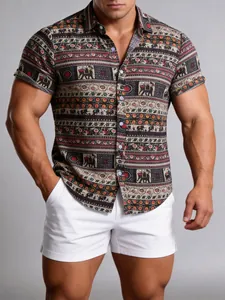 Detail of men's Hawaiian shirt with ethnic elephant print on a muscular model