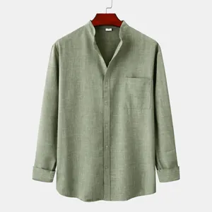 Front view of men's sage green cotton linen stand collar long sleeve shirt
