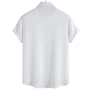 Back view of men's white short-sleeve shirt with a textured weave jacquard pattern