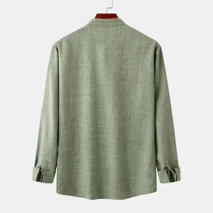 Close-up back view of men's long-sleeved linen shirt showing fabric texture and cut