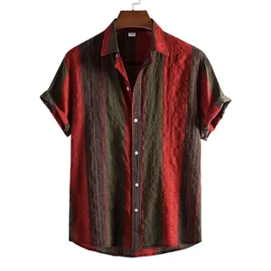 Men's casual short-sleeve shirt featuring a vertical striped pattern in red and green colors