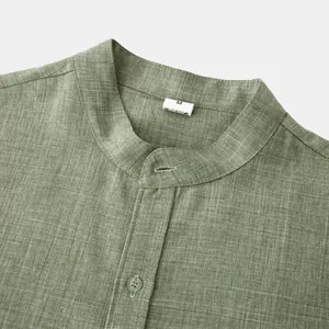 Close-up of sage green mandarin collar shirt with linen-like texture and button detail