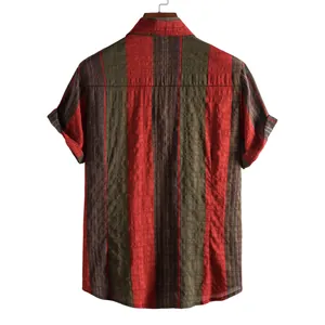 Back view of a casual men's short sleeve shirt with red and olive vertical stripes