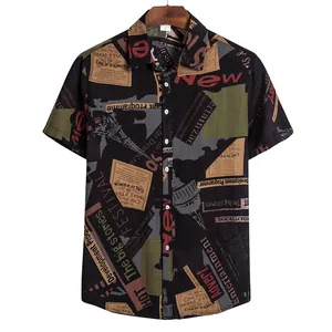 Detail view of men's casual Hawaiian shirt with vintage newspaper graphic print
