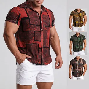 Herren Casual Hawaiian Print Baumwollmischung Hemd Kurzarm Lockere Passform Abstraktes Marmor Geometrisches Muster Top Für Urlaub Sommer Strand