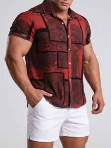 Detailansicht des Herren-Hawaiihemds mit rot-schwarzem geometrischem Marmordruck.