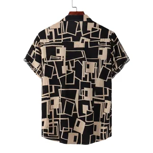 Back view of men's short sleeve shirt with abstract geometric line pattern in black
