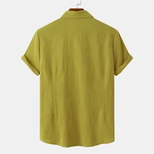 Back view of professional mustard yellow short-sleeved cotton linen shirt for men
