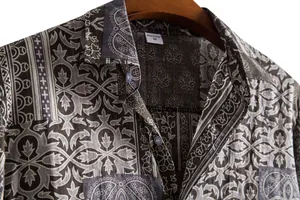 Detailed view of vintage floral pattern on men's casual short-sleeve shirt collar