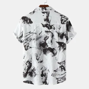 Back view of men's white short sleeve Hawaiian shirt with black ink wash print