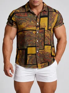 Detailansicht eines Herren-Muskel-Shirts mit abstraktem Marmordruck und Button-Down-Kragen.