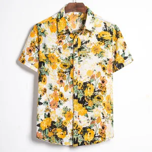 Casual men's short sleeve Hawaiian button-down shirt featuring yellow floral print