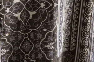 Detailed close-up showing the vintage ethnic floral pattern and fabric texture of the shirt