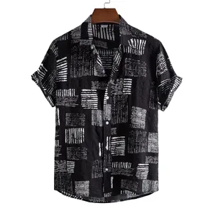 Men's casual short sleeve shirt with white abstract linear print on black