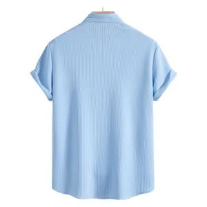 Back view of light blue men's short-sleeved casual shirt featuring a vertical ribbed texture