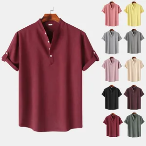 Vista detallada de camisas de hombre de corte entallado con cuello mao en colores